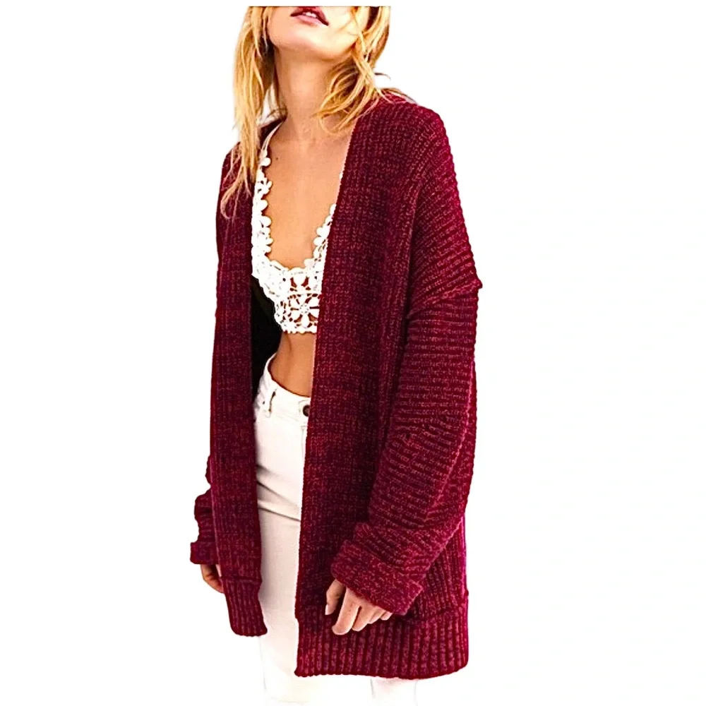 Free People Burgundy Ribbed Open Cardigan